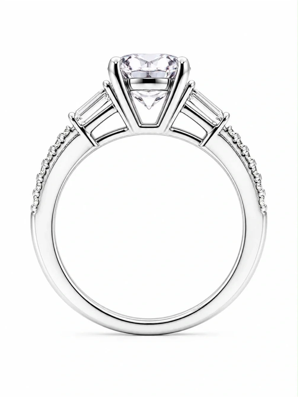 Oval White CZ Engagement Ring with Tapered Baguette Accents